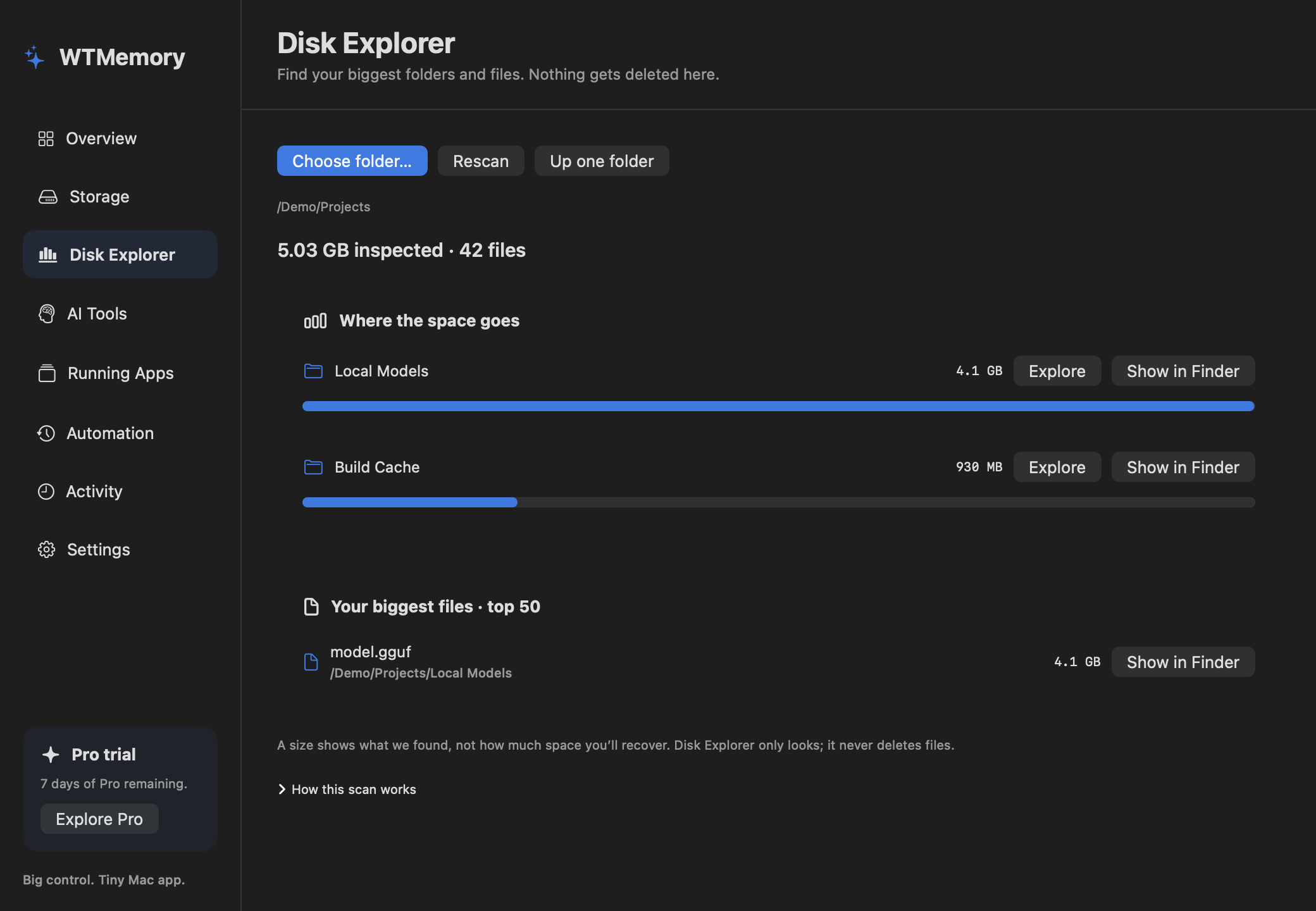 WTMemory Disk Explorer 显示按比例的文件夹大小条和最大文件列表