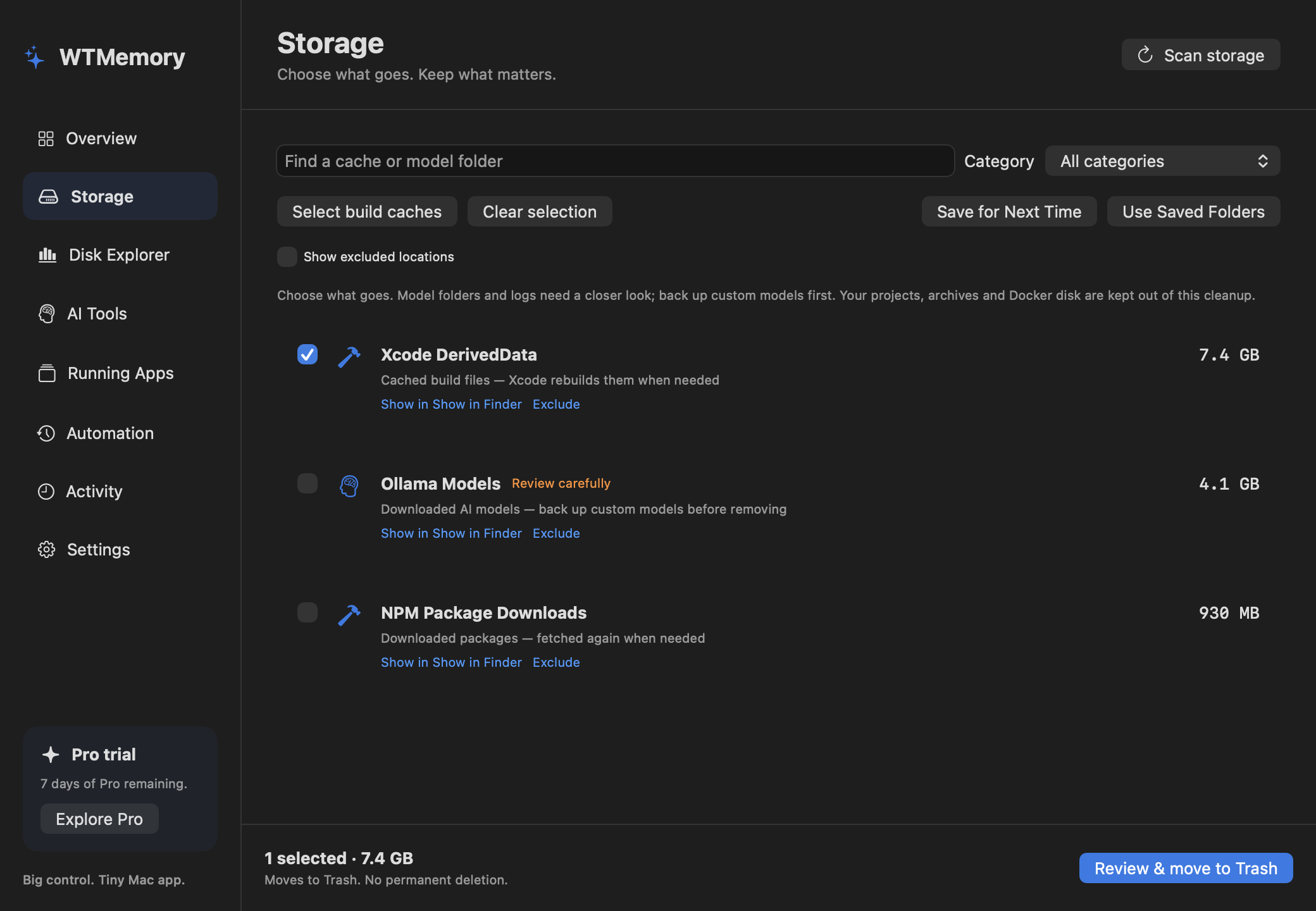 WTMemory 原生 Storage 工作区,显示缓存说明、大小、逐项勾选和“访达”控件